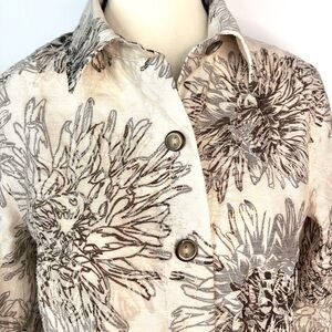 Coldwater Creek Sheer Linen Brown Floral Embroidery Button Down 3/4 Sleeve Shirt